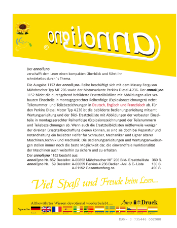 Massey Ferguson Mähdrescher Typ MF 206 & Perkins 4.236 Bild Ersatzteilliste mit Explosionszeichnungen in 3 Sprachen - annoligno 1152